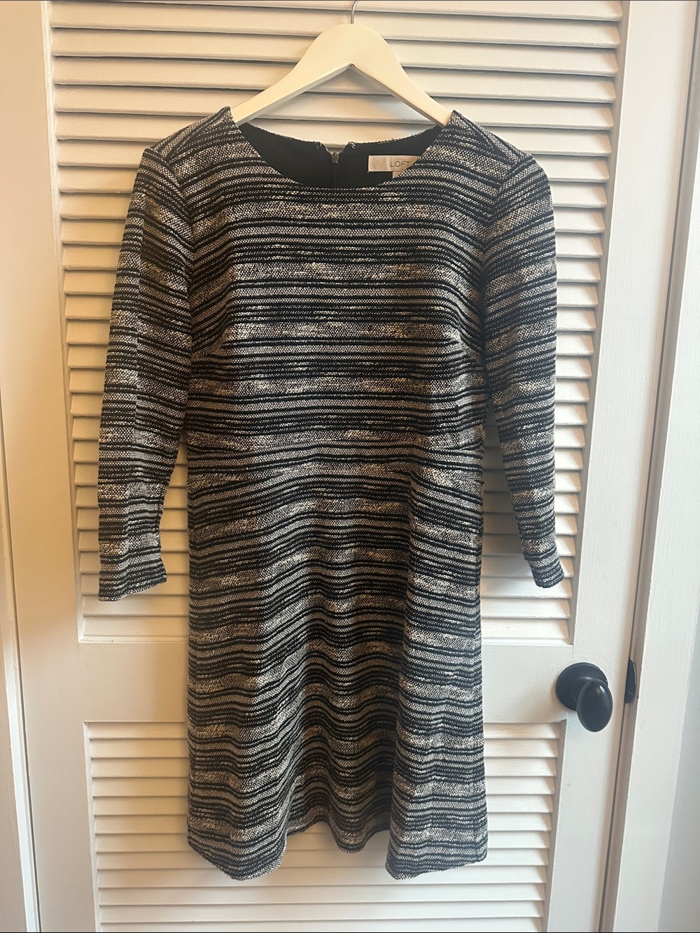LOFT Black and White Striped Long-Sleeve Shift Dress